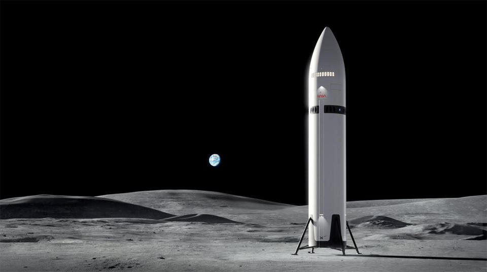 تصور فني لمركبة الهبوط على سطح القمر التابعة لشركة SpaceX، وهي نسخة مختلفة من صاروخ Starship الخاص بالشركة، على سطح القمر. / الائتمان: ناسا