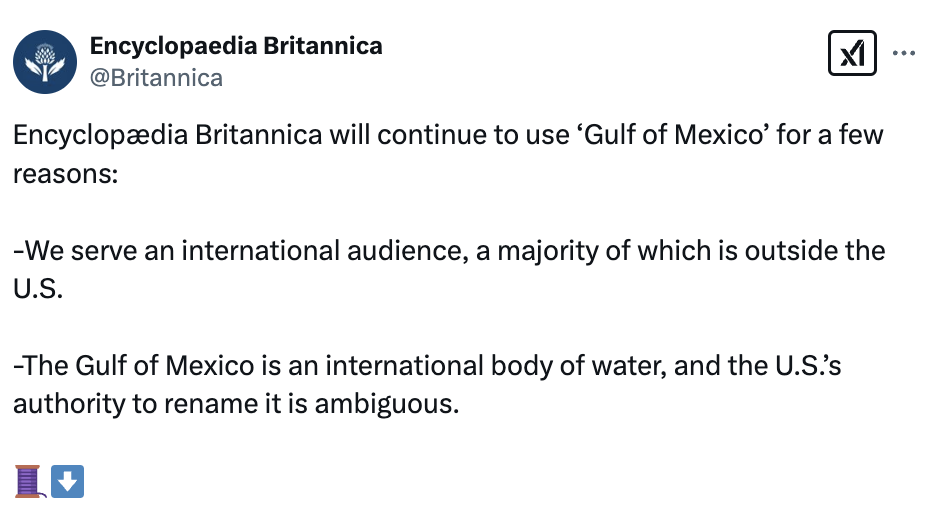 تشرح Encyclopædia Britannica سبب استمرار استخدام "خليج المكسيك" ، مع تسليط الضوء على الجمهور الدولي والغموض في سلطة الولايات المتحدة لإعادة تسمية