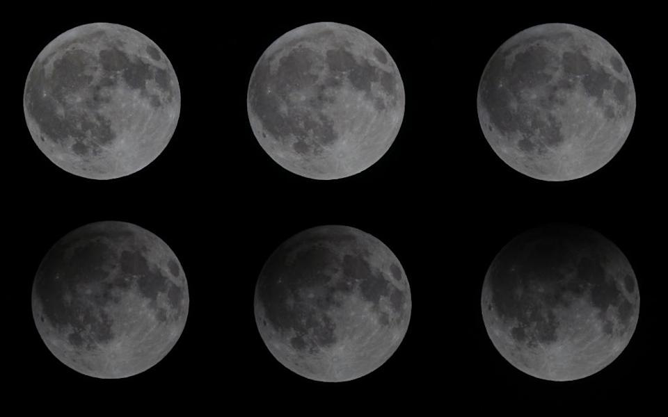Penumbral Lunar Eclipse May 2023 مع صور SIC من القمر كل منها يصبح أغمق بشكل تدريجي حيث يتحرك الظل عبر السطح.