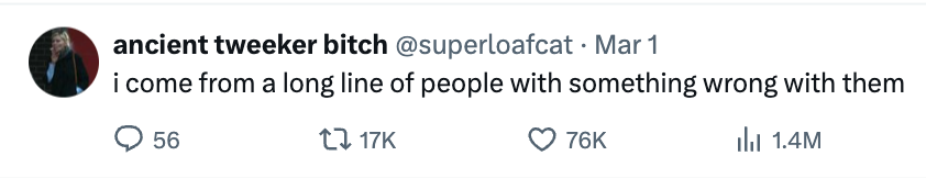 تقرأ تغريدة من قبل المستخدم superloafcat: "لقد جئت من مجموعة طويلة من الأشخاص الذين لديهم خطأ معهم." 56 تعليقات ، إعادة تغريد 17K ، 76K إعجاب ، 1.4 مليون مشاهدات