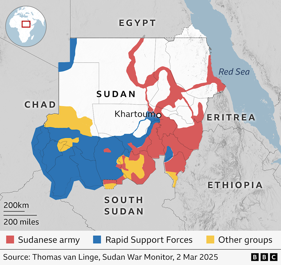 خريطة للسودان توضح المناطق التي يسيطر عليها الجيش و RSF وغيرها من المجموعات