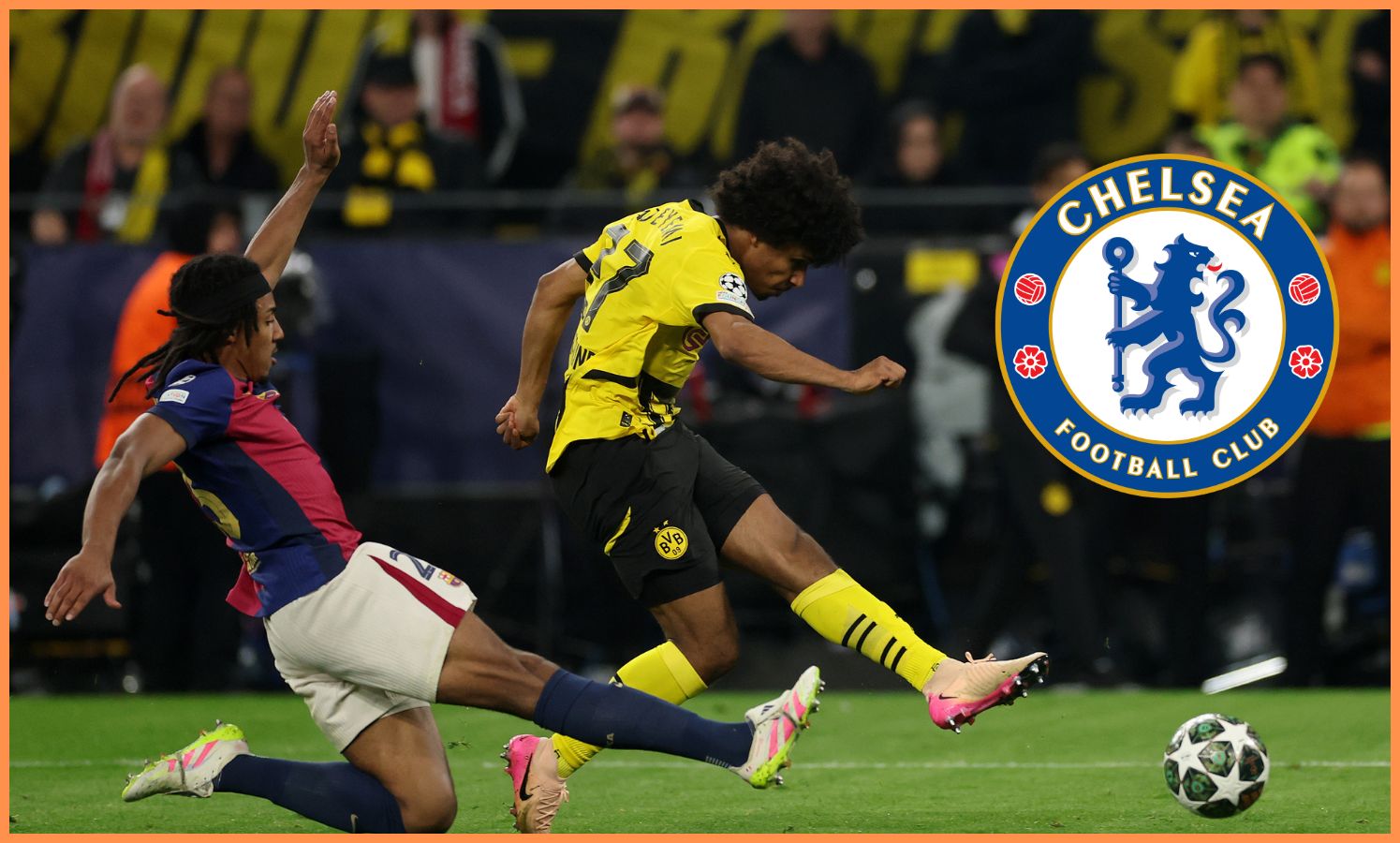 جول Kounde في العمل لبرشلونة ضد بوروسيا دورتموند