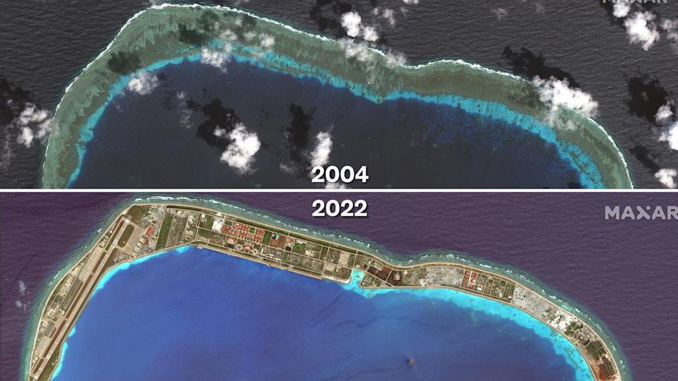 قبل وبعد الصور القمر الصناعي لـ Dischief Reef في عام 2004 (أعلى) و 2022 (أسفل)