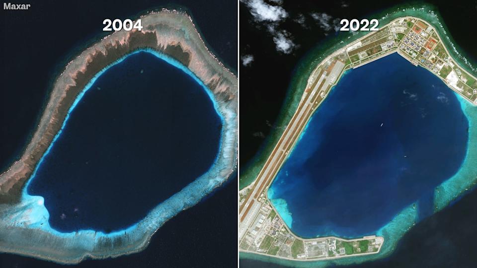 جنبا إلى جنب الصور الأقمار الصناعية من Subi Reef في عامي 2004 و 2022