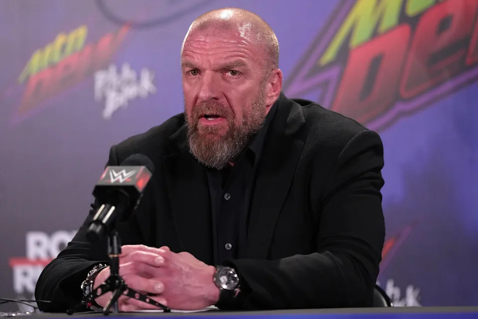 28 يناير 2023 ؛ سان أنطونيو ، تكساس ، الولايات المتحدة الأمريكية ؛ يتحدث مسؤول محتوى WWE Paul Levesque الملقب Triple H خلال مؤتمر صحفي بعد لعبة WWE Royal Rumble في Alamodome. الائتمان الإلزامي: رياضات جو كامبوريول اليوم