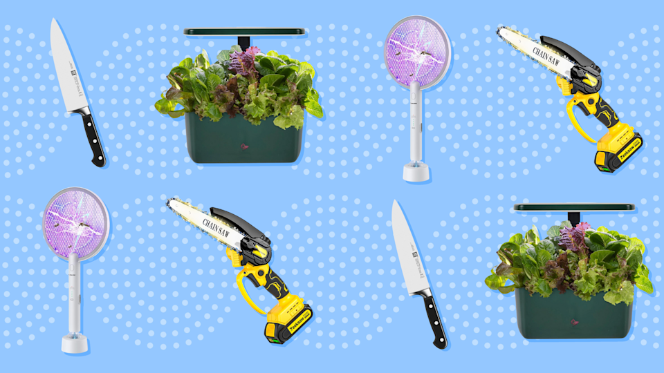سكين Zwilling ، Aerogarden ، علة Zapper و Chainsaw في نمط متكرر على خلفية زرقاء