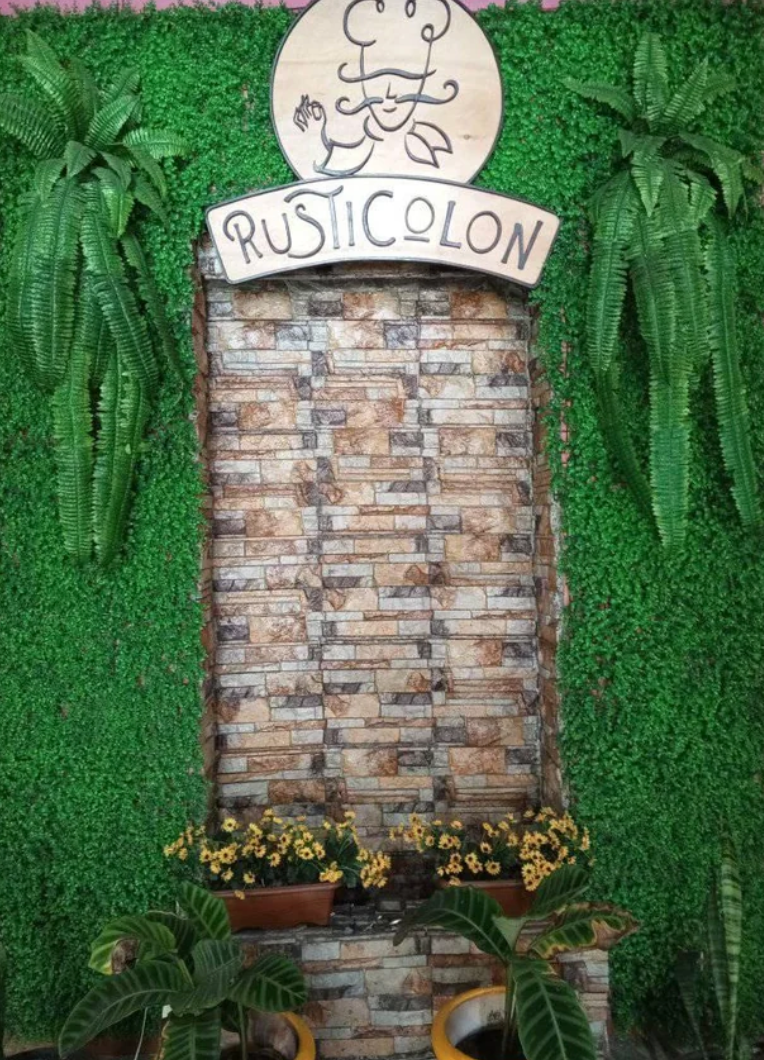 جدار من الطوب العمودي مع علامة "Rusticolon" التي تتميز بالوجه الكرتونية ، وتحيط بها النباتات الخضراء المورقة والزهور الصفراء الصغيرة في الأسفل