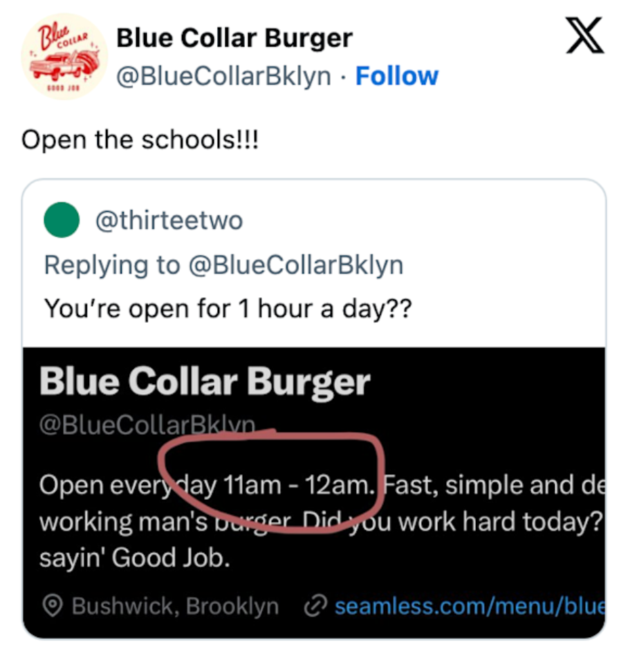 Twitter Exchange حول ساعات عمل Twitter Twlar Burger. أسئلة المستخدم تشغيله لمدة ساعة واحدة