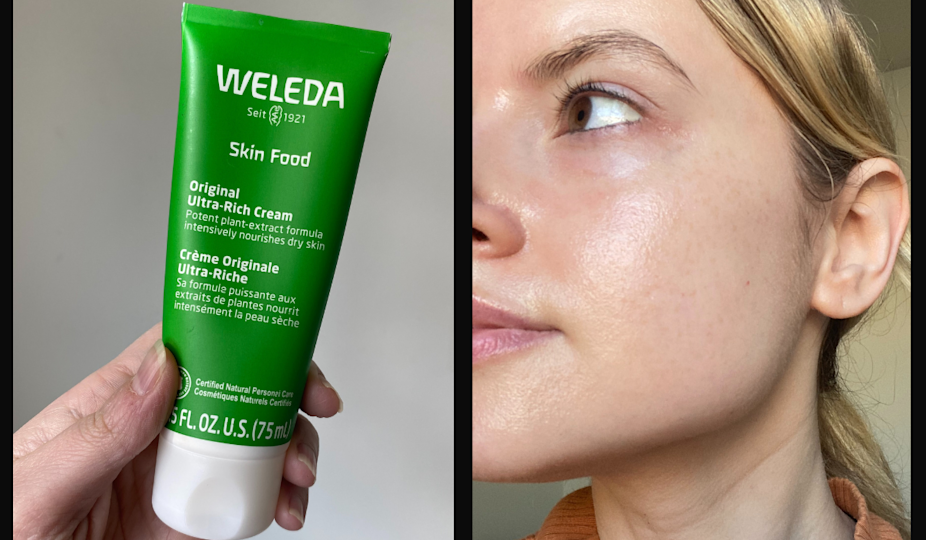 مؤلف يحمل أنبوبًا أخضر من طعام البشرة Weleda بجوار صورة لوجه المؤلف يبدو رطبًا بعد تطبيق المنتج