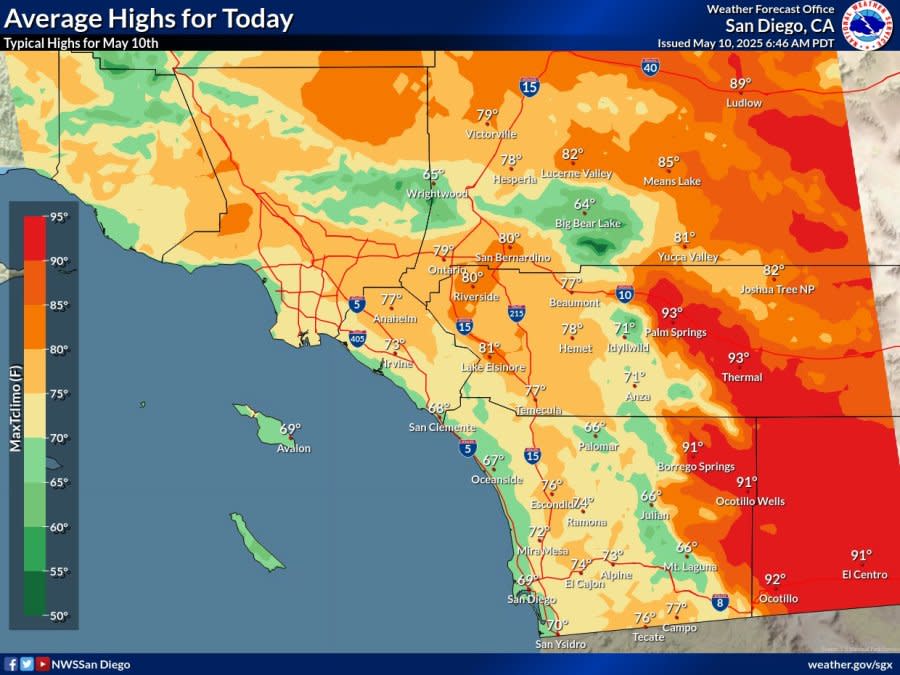 متوسط ​​درجات الحرارة المرتفعة في مقاطعة سان دييغو في 10 مايو (خدمة الطقس الوطنية)