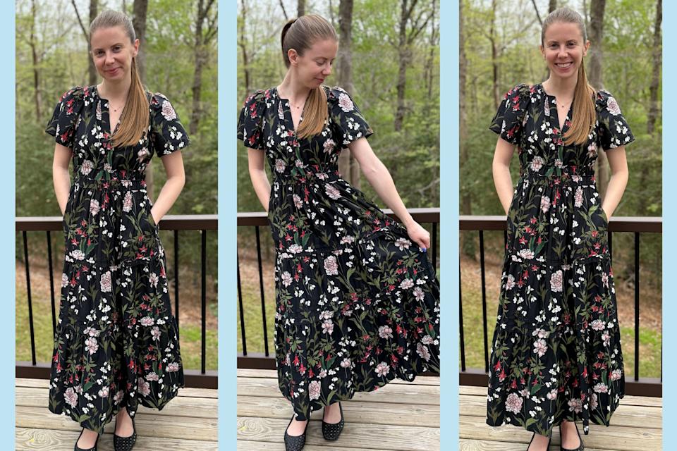 ثلاث صور للمؤلف يقوم بتصنيع فستان Somerset Maxi للأنثروبولوجيا