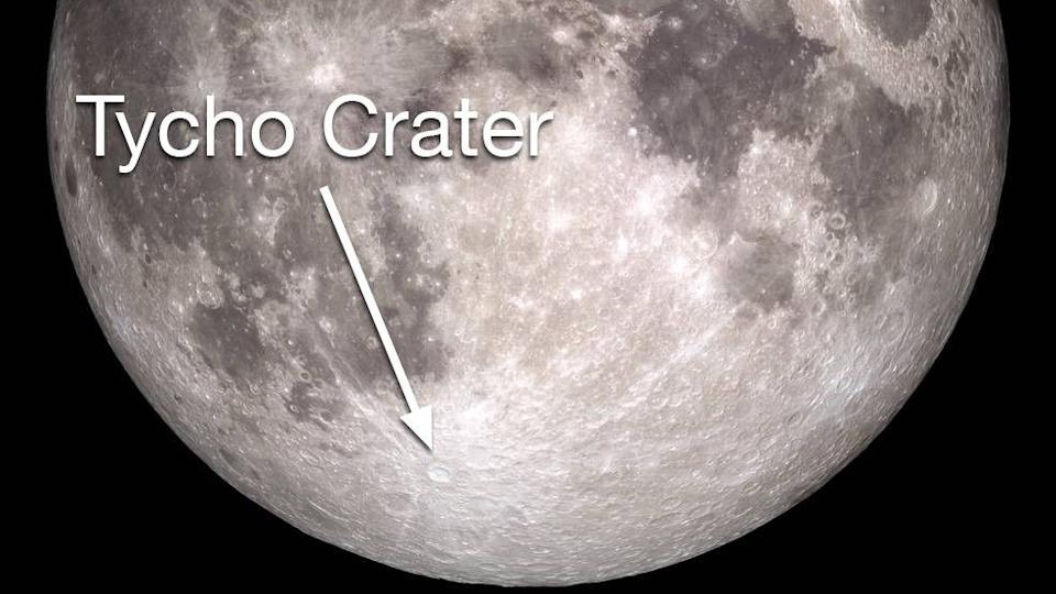 صورة لكامل القمر المشروح بموقع Tycho Crater ، والذي يقع في جنوب القرص القمري.
