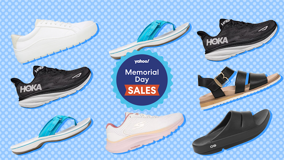 أحذية من Hoka و Clarks و Oofos وأكثر على خلفية زرقاء مع شارة مبيعات يوم ياهو ميموريال