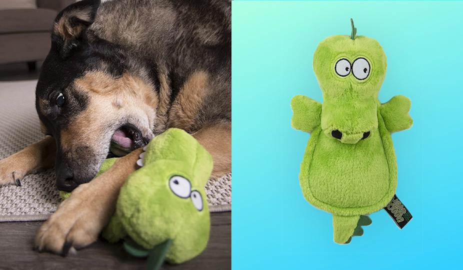 اليسار: كلب يلعب مع Squeakless Gator Doy / يمين: Squeakless Gator Doy