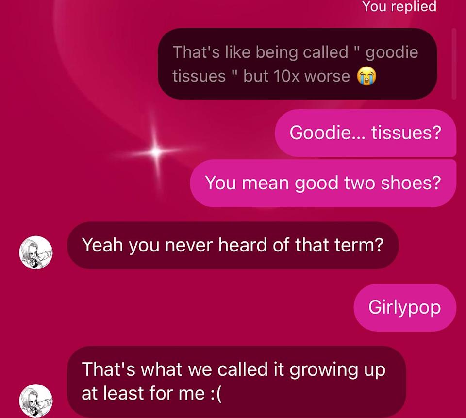 تبادل النص حول المصطلح "أنسجة Goodie ،" شرح أنه يشبه "جودي حذاءان."