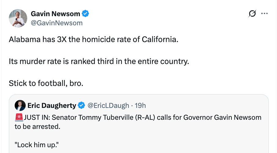 سقسقة من Gavin Newsom تشير إلى ارتفاع معدل القتل في ألاباما مقارنة بكاليفورنيا ، مما يشير إلى ذلك "التمسك بكرة القدم" ردا على دعوة لاعتقاله