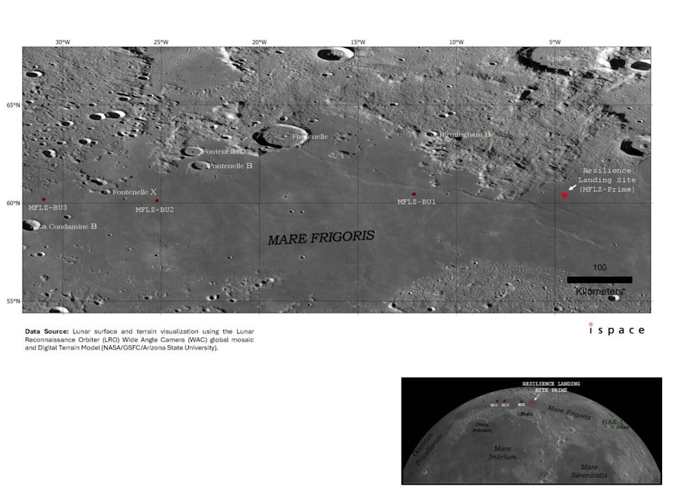 خريطة لبحر البرد على القمر تبين موقع الهبوط لمحطات القمر اليابانية Ispace Moon باللون الأحمر.