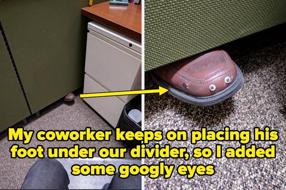 مشهد مقصورة حيث يكون الحذاء مع عيون googly تحت مقسم. النص: "زميلي في العمل يستمر في وضع قدمه تحت مقسمنا ، لذلك أضفت بعض عيون googly"