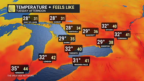 أونتاريو درجات الحرارة بعد ظهر الثلاثاء و Humidex - 23 يونيو 2025
