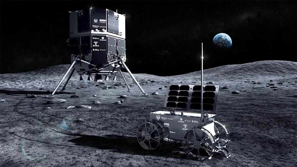 منظر افتراضي لمقاومة مرونة ISPace و microorover عنيد الذي يحمله إلى القمر. / الائتمان: ISPACE