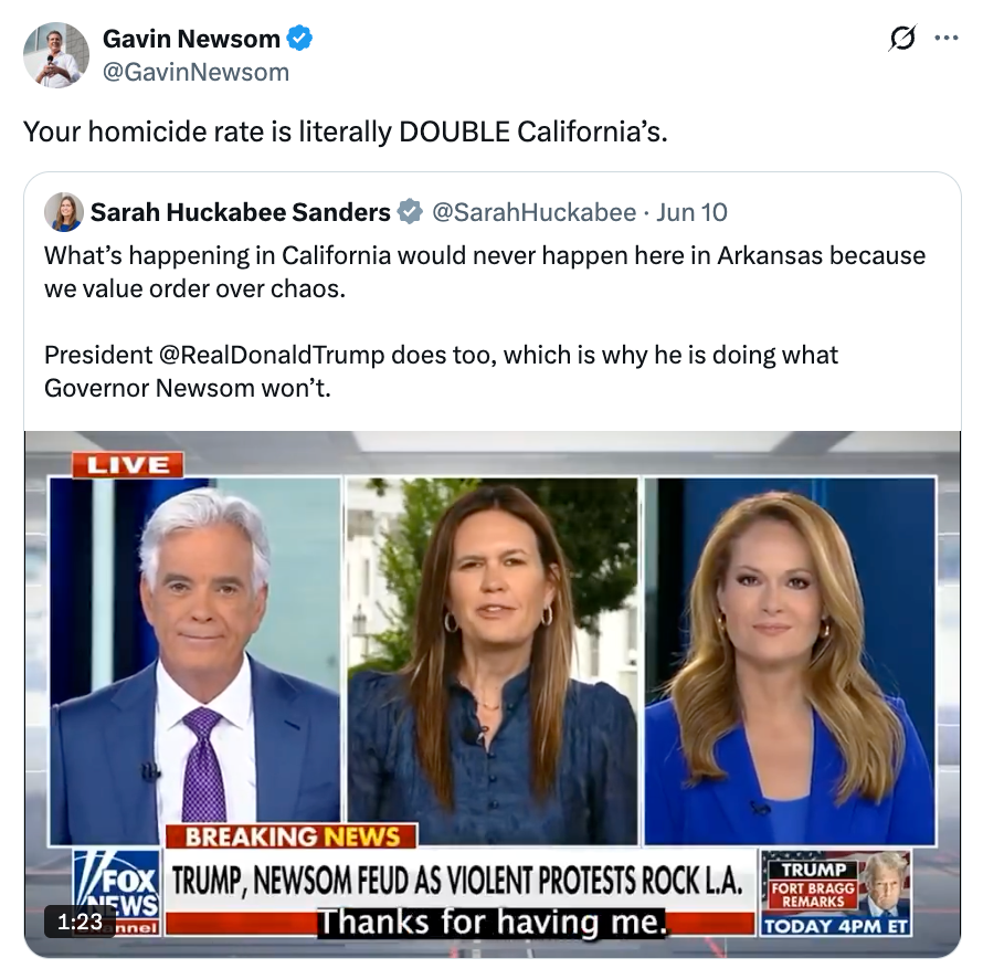 سقسقة تُظهر رد على الحاكم Newsom: تنتقد سارة هاكابي ساندرز معدل جريمة كاليفورنيا ؛ تعرض لوحة Fox News مناقشة ذات صلة