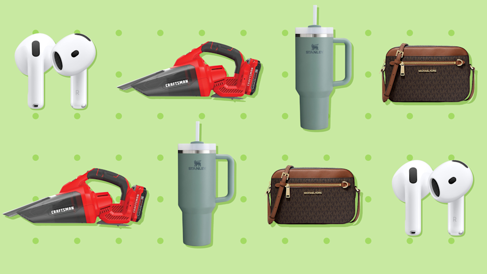 Apple Airpods و Craftsman Handvac و Stanley Tumbler و Michael Kors Handbag في نمط متكرر على خلفية خضراء