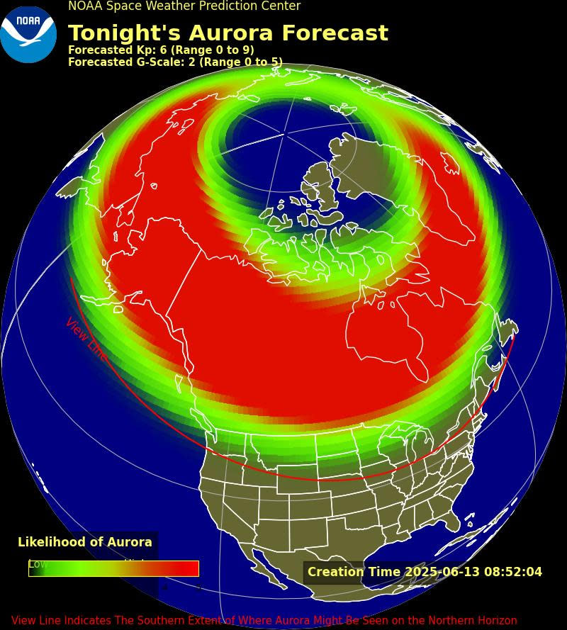 خريطة توقعات NOAA Aurora في 13 يونيو 2025 ، تبين عاصفة مغناطيسية جيومغناطيسية G2 مع مؤشر KP المتوقع من 6. يمتد البيضاوي الأيرالي فوق شمال الولايات المتحدة ، مع نشاط عالي (أحمر) يتركز على كندا ، ألاسكا ، والغرب الأوسط العلوي. الأحمر