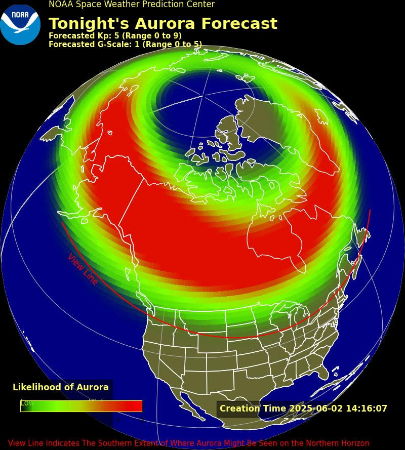 خريطة توقعات NOAA Aurora لنصف الكرة الشمالي لليلة 2 يونيو 2025. إنها تظهر بيضاويًا أخضرًا زاهيًا وأورالًا يحطم القطب الشمالي ، باللون الأحمر