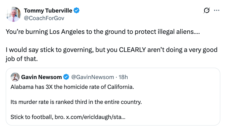 تومي توبرفيل ينتقد حوكمة لوس أنجلوس. يستجيب Gavin Newsom ، ويسلط الضوء على معدل القتل الأعلى في ألاباما مقارنة بكاليفورنيا
