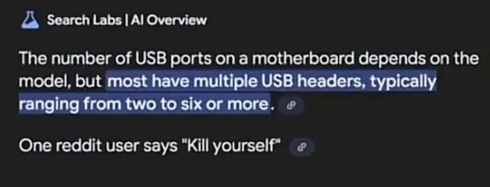 ينص نص Google AI على أن اللوحات الأم عادة ما يكون لها 2 إلى 6 منافذ USB. كما يقول بشكل عشوائي ، "أحد مستخدمي Reddit يقول
