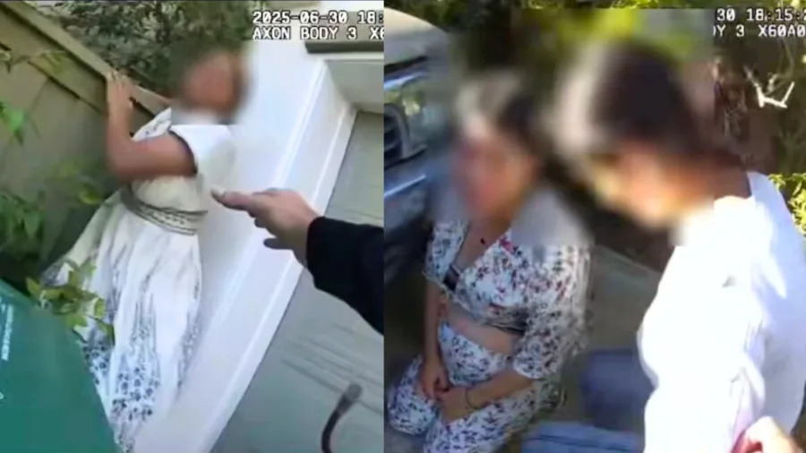 أظهرت لقطات كامية غير واضحة التي قدمتها قسم شرطة إيرفين أن الضباط يعتقلون ثلاثة من المشتبه بهم من سرقة التجزئة الذين كانوا يختبئون في حي إيرفين في 30 يونيو 2025.