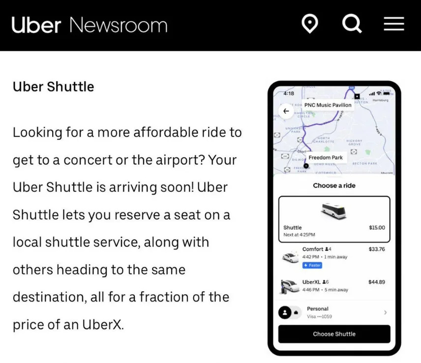إعلان مكوك Uber: ركوب الخيل الميسورة للحفلات الموسيقية أو المطارات ؛ الأسهم ركوب الخيل إلى نفس الوجهة بأقل من uberx. المكوك في المثال يكلف 15 دولارًا
