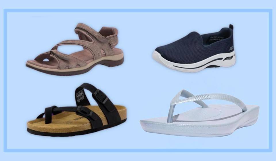 أربعة أحذية فردية ، وصنادلان ، و flip-flop وحذاء رياضة.