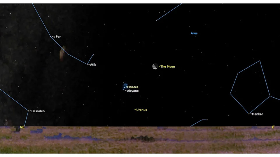 محاكاة سماء الليل تظهر موقع القمر في الساعات الأولى من 16 أغسطس ، مع مجموعة Pleiades Star بالقرب من أسفل اليسار ، وأورانوس أدناه ، بالقرب من الأفق الشمالي الشرقي.