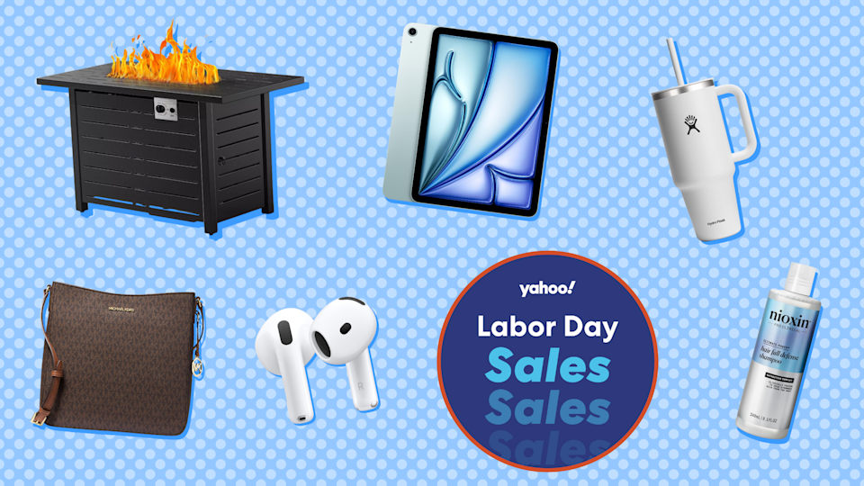 طاولة حفرة النار ، حقيبة مايكل كورس ، Airpods ، iPad ، قارورة المائية ، شامبو نيوكسين