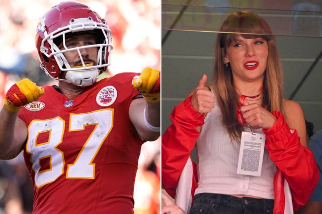 ترافيس كيلس تايلور سويفت AP Photo/Ed Zurga ؛ Tammy Ljungblad/Kansas City Star/Tribune News Service عبر Getty Images Travis Kelce و Taylor Swift.