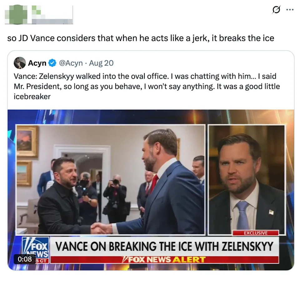 تغرد مع لقطة شاشة للبث الأخبار. تُظهر الصورة JD Vance تناقش تفاعله مع Zelenskyy ، في إشارة إليها باسم "كسر الجليد."