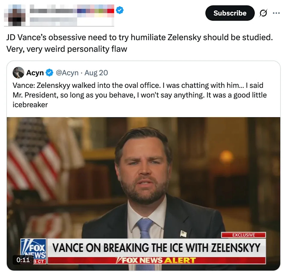 لقطة شاشة من تغريدة تنتقد تعليقات JD Vance حول Zelenskyy ، مع صورة مصاحبة لـ Vance يتحدث على Fox News