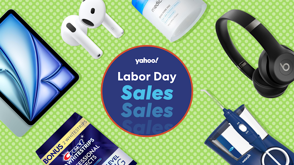 iPad ، airpods ، وسادات مسام Medicube ، وتفوق سماعات الرأس ، و Waterpik و Crest Whitestrips على خلفية خضراء ، مع شارة تقول: Yahoo! مبيعات عيد العمال