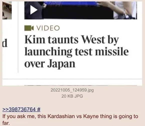 العنوان الرئيسي حول إطلاق صاروخ على اليابان تليها نكتة تقارنها بحالة كارداشيان Vs. Kanye
