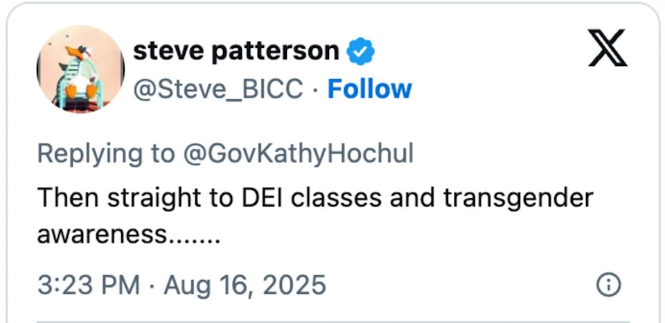 سقسقة من قبل المستخدم ستيف باترسون الرد على Govkathyhochul ، حول فصول DEI والوعي المتحولين جنسياً ، بتاريخ 16 أغسطس 2025