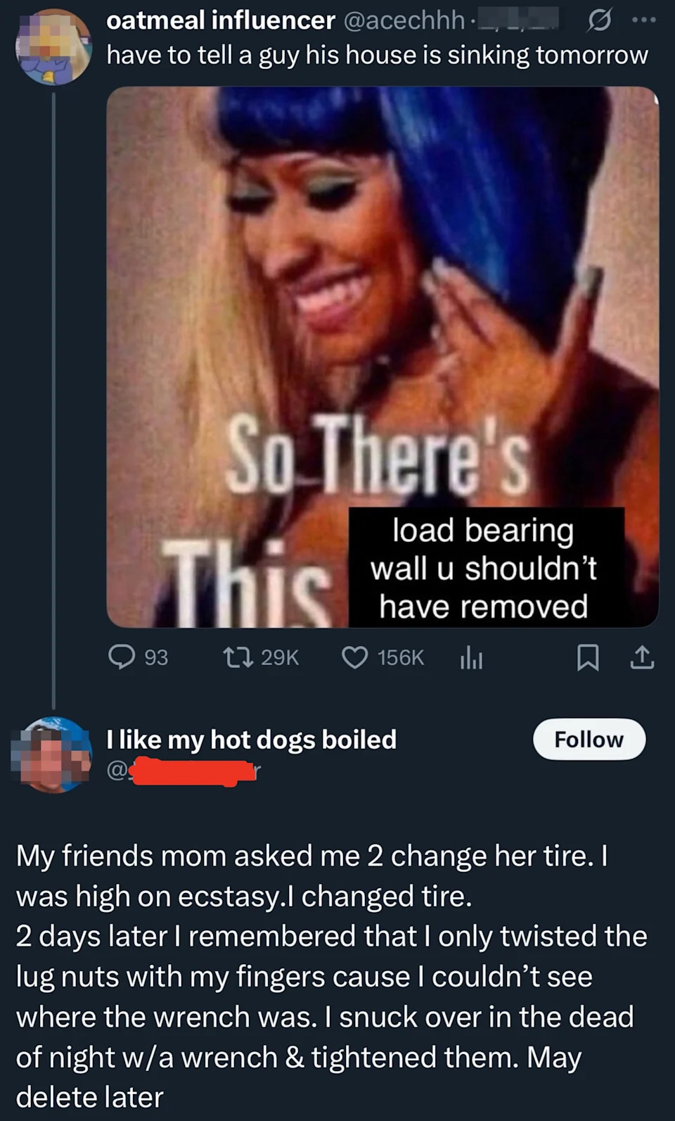 Tweet Through مع MEME حول الأسف على تغييرات البيت والحكاية حول تغيير الإطارات بينما مرتفع