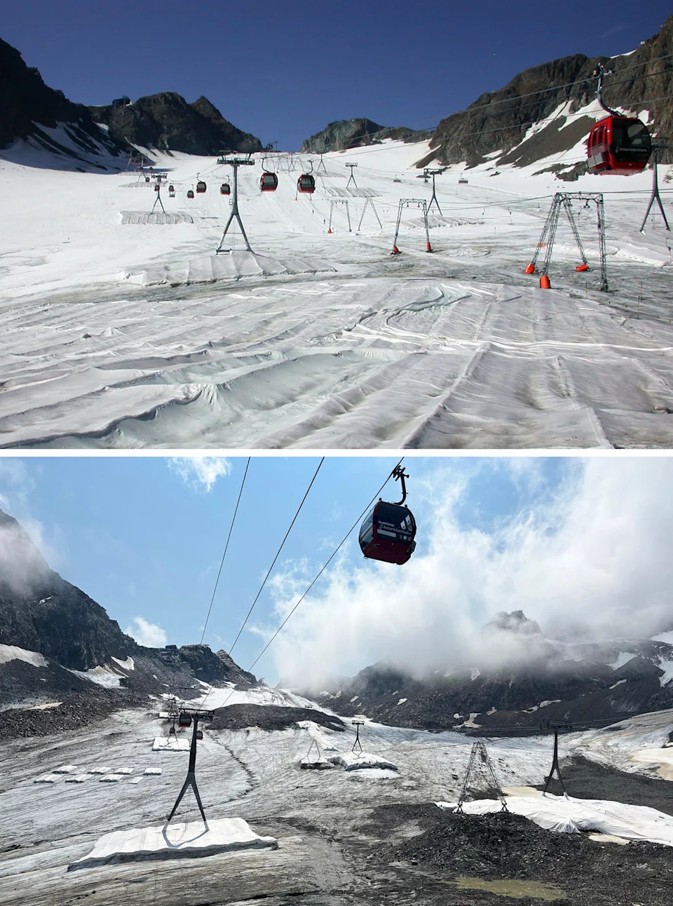 Stubai Glacier في عام 2005 ، أعلاه ، وفي عام 2025. (Andrea Fischer ؛ Sara Monetta/NBC News)