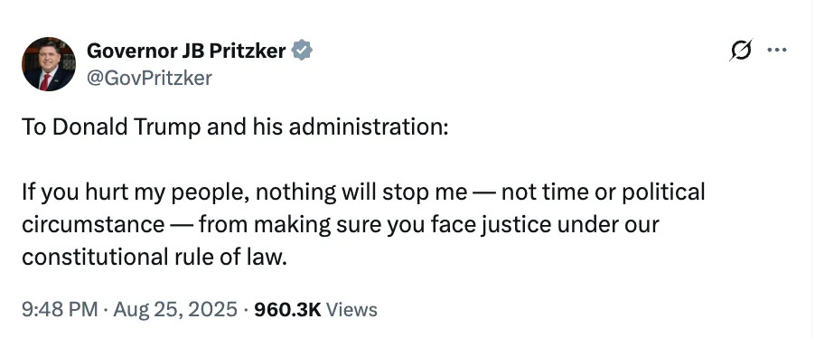 سقسقة من قبل الحاكم JB Pritzker يخاطب دونالد ترامب ، مؤكدا السعي لتحقيق العدالة بموجب القانون الدستوري على الرغم من الوقت أو الظروف السياسية