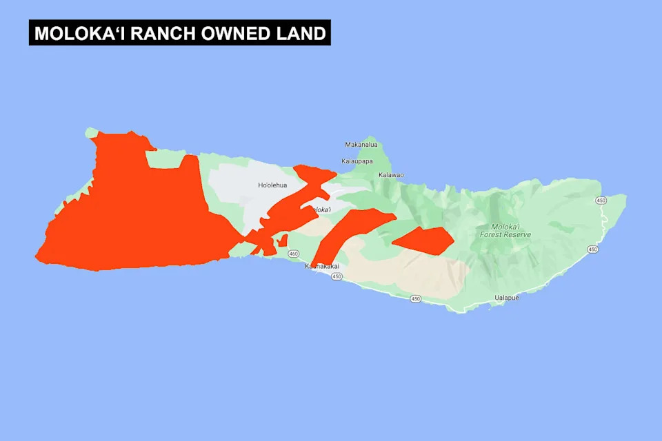 تمتلك Molokai Ranch ، التي تملكها مجموعة Guoco ، 55000 فدان على Molokai ، أو حوالي ثلث الجزيرة. (لقطة شاشة عبر Google/التوضيح بواسطة SFGATE)