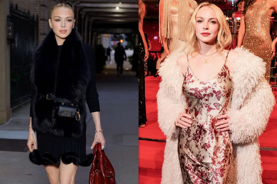 اليسار: ليندسي لوهان في ملابس أسود. اليمين: Lindsay Lohan في فستان ومعطف من الفرو الأبيض.