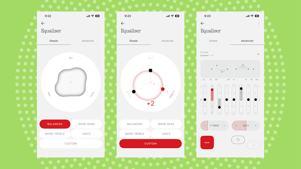 لقطات شاشة من إعدادات التعادل في NONE APP.