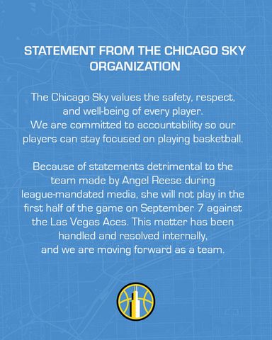 يواجه Angel Reese نتيجة من شيكاغو سكاي بعد الإدلاء Chicagosky/X Chicago Sky 5 سبتمبر ، 2025 بيان