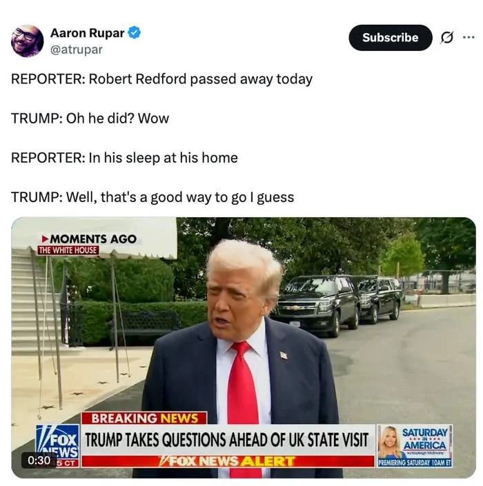 لقطة شاشة من تغريدة تظهر مقطع أخبار Fox. تم الإبلاغ عن خطأ روبرت ريدفورد عن طريق الخطأ. تعليقات ترامب ، مع الاعتراف بالخطأ بكل إخلاص