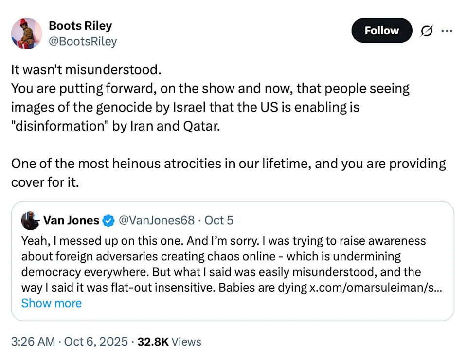 تغريدة من Boots Riley تنتقد بيان Van Jones حول التضليل المتعلق بإسرائيل وإيران وقطر.